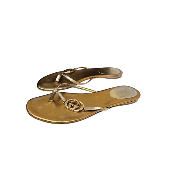 Gucci 36 Miroir Gold Metallic Leather Flip Flop Sandal Thong Logo Dustbag Box - Picture 9 of 12